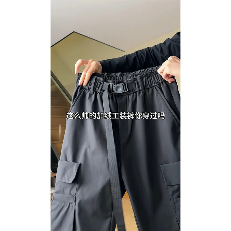 美式爵士工装裤女秋冬加绒加厚宽松直筒阔腿多口袋户外防风骑行裤