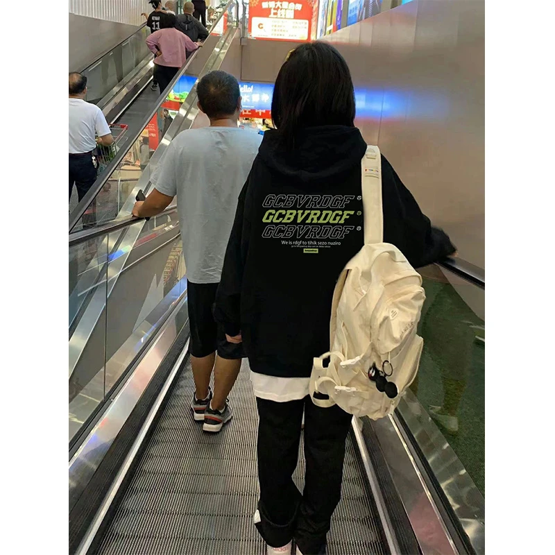 美式复古卫衣女春秋oversize宽松长袖连帽高街慵懒情侣小个子上衣