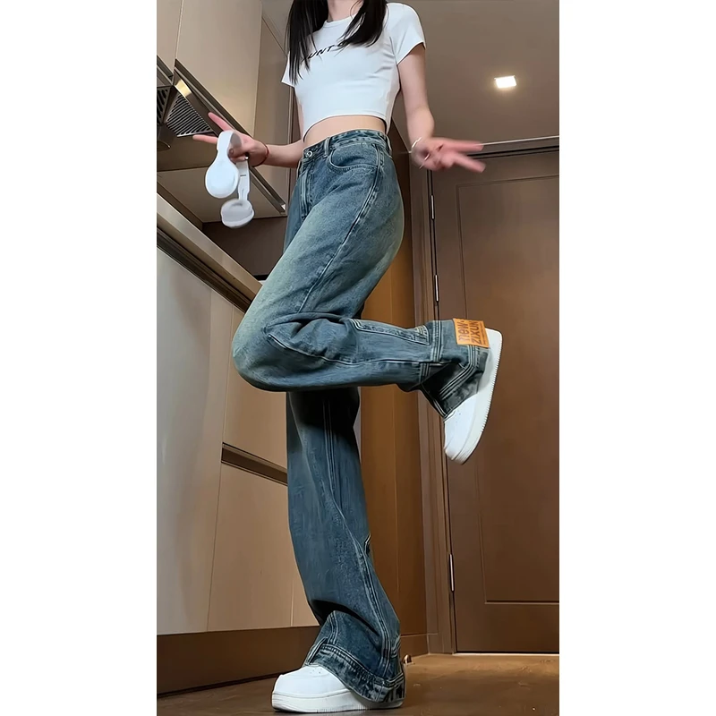 反方向倒装牛仔裤男女美式宽松复古高街vibe微喇裤设计感阔腿长裤