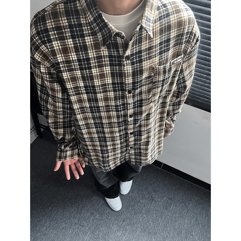 美式磨毛格子衬衫女早秋高级感cleanfit衬衣长袖vintage格纹外套