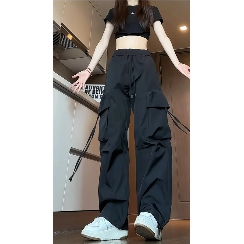 美式复古飘带直筒伞兵工装裤女夏季薄款宽松潮流百搭阔腿休闲长裤
