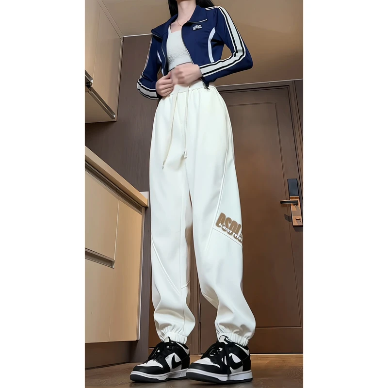 美式高街米白卫裤男女情侣宽松穿搭裤子显瘦显高束脚休闲运动长裤