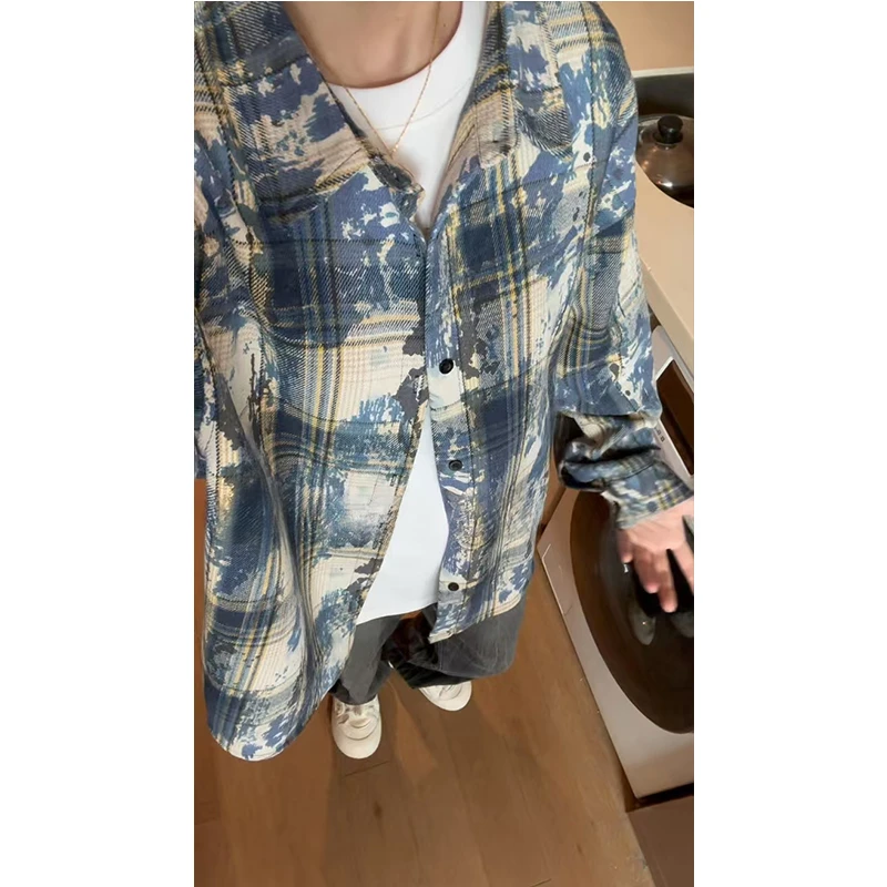 美式复古扎染格子衬衫外套女款早秋气质青少年休闲情侣百搭上衣潮
