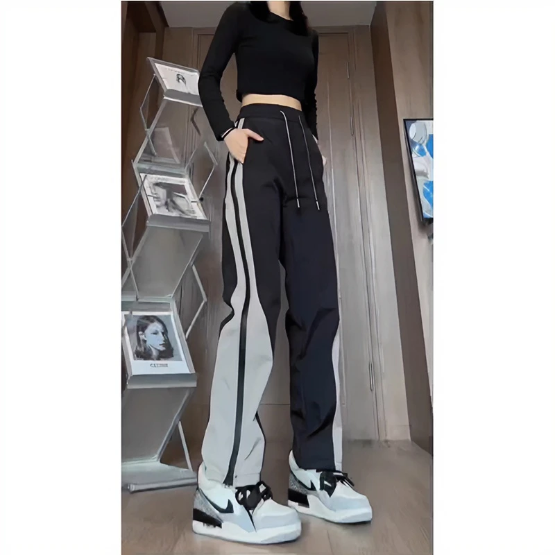 美式机能冲锋裤女防水防风黑白拼接裤子侧边拉链裤工装快脱运动裤