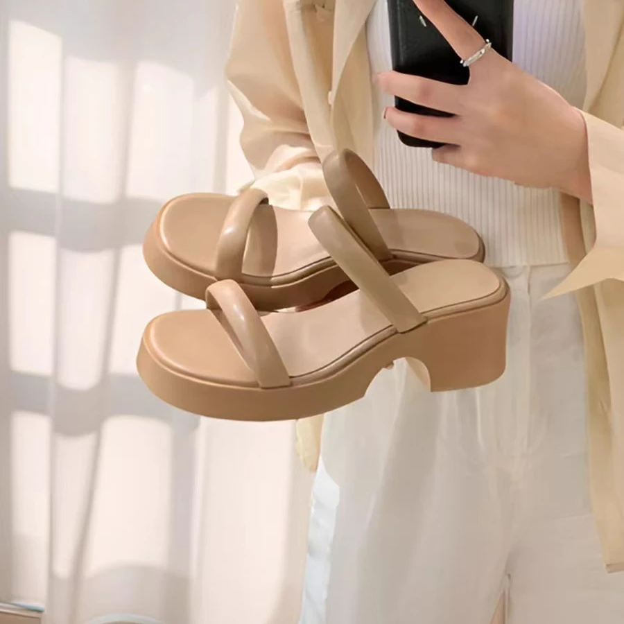 南法庄园~羊皮垫双一字带松糕厚底增高拖鞋时尚真皮女百搭凉拖夏