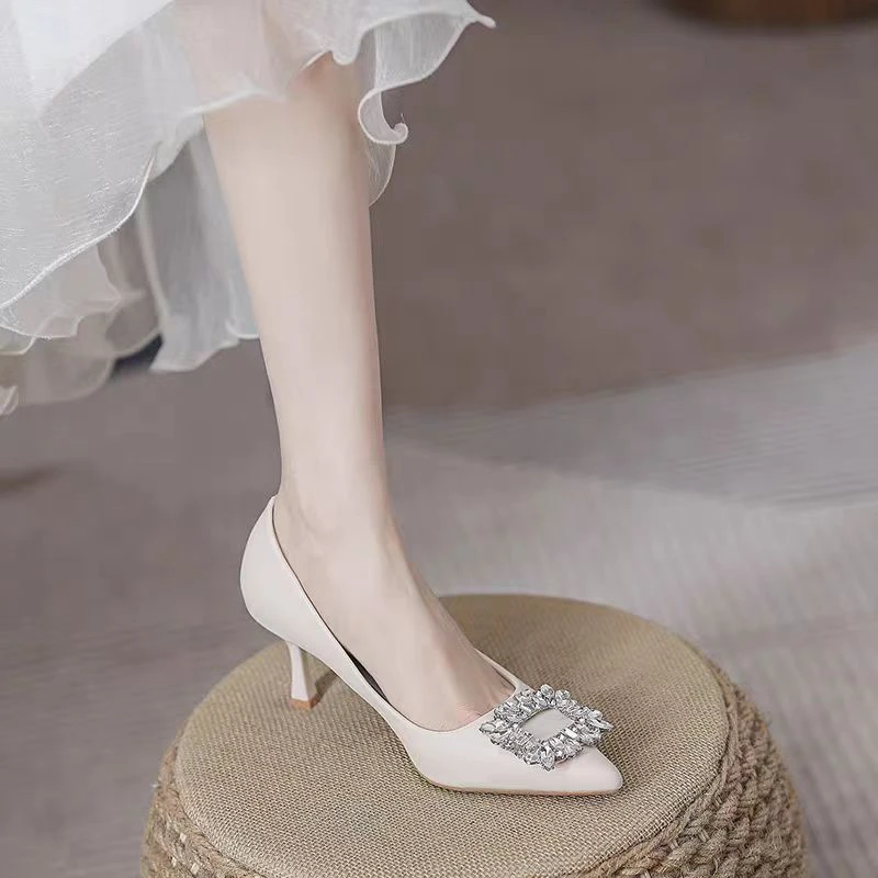 法式气质尖头细跟高跟鞋女水钻方扣小众款设计感百搭单鞋