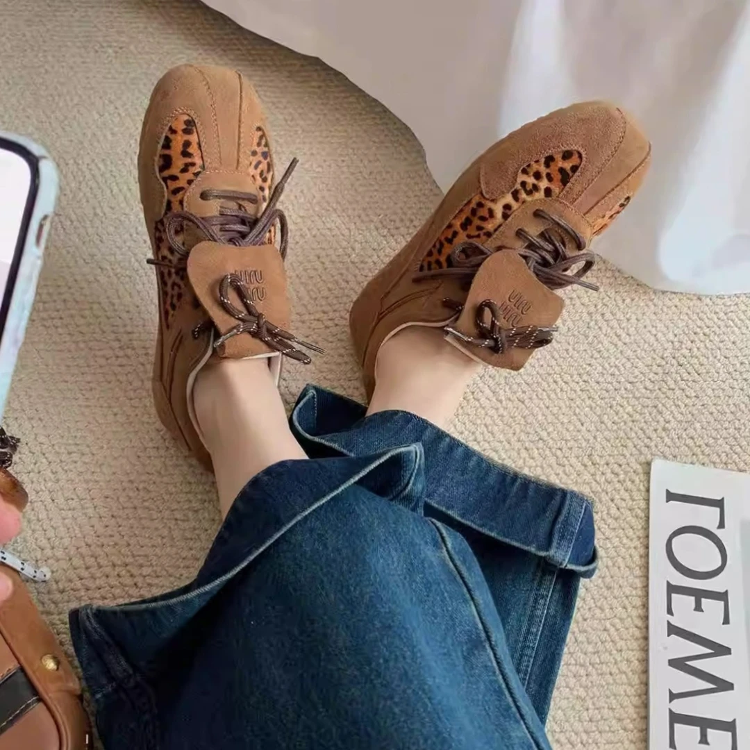 葡萄妈同款~真皮复古豹纹翻盖设计系带厚底德训鞋阿甘板鞋女