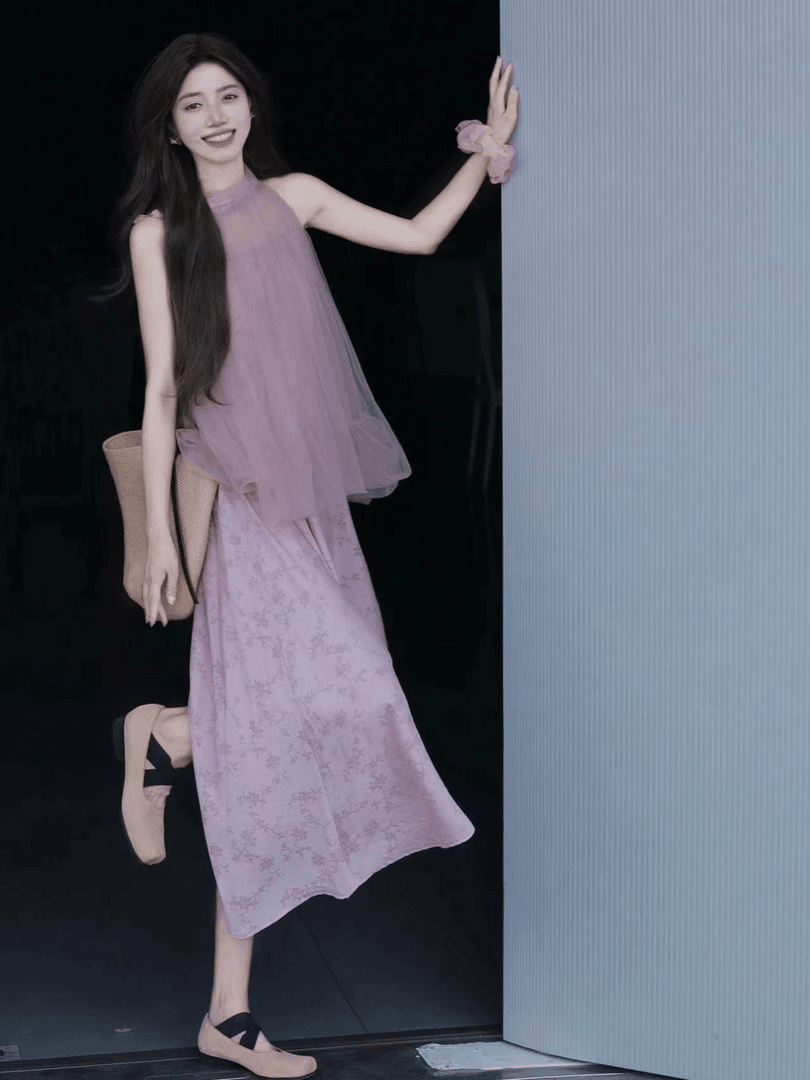 法式甜美温柔风挂脖超仙上衣女小个子碎花收腰连衣裙子两件套装苏