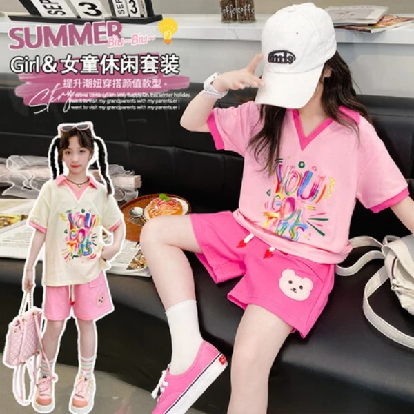 儿童新款卡通洋气休闲套装女童印花夏款女孩宽松韩版翻领运动时尚