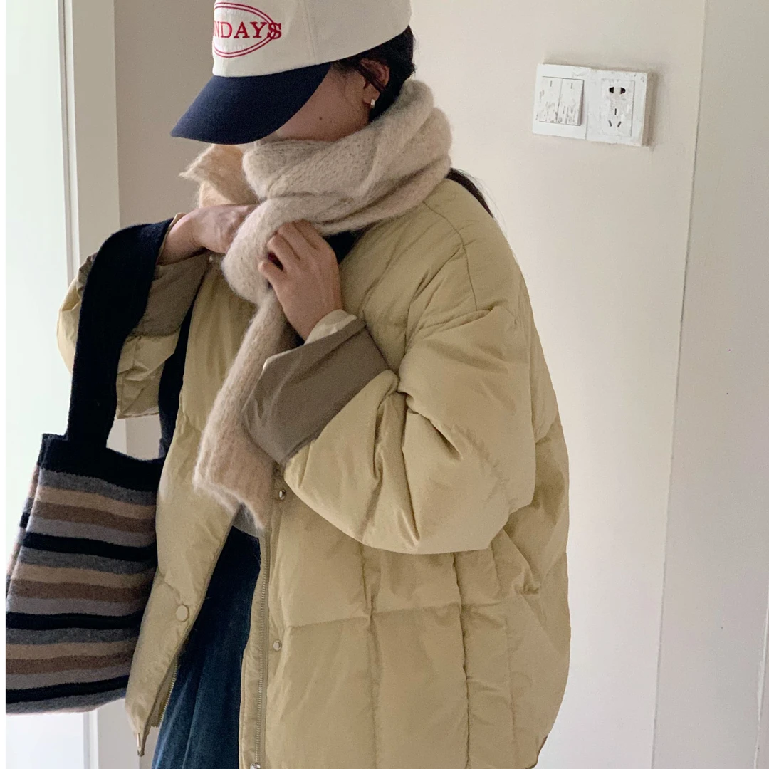 韩系无领撞色保暖羽绒服女910