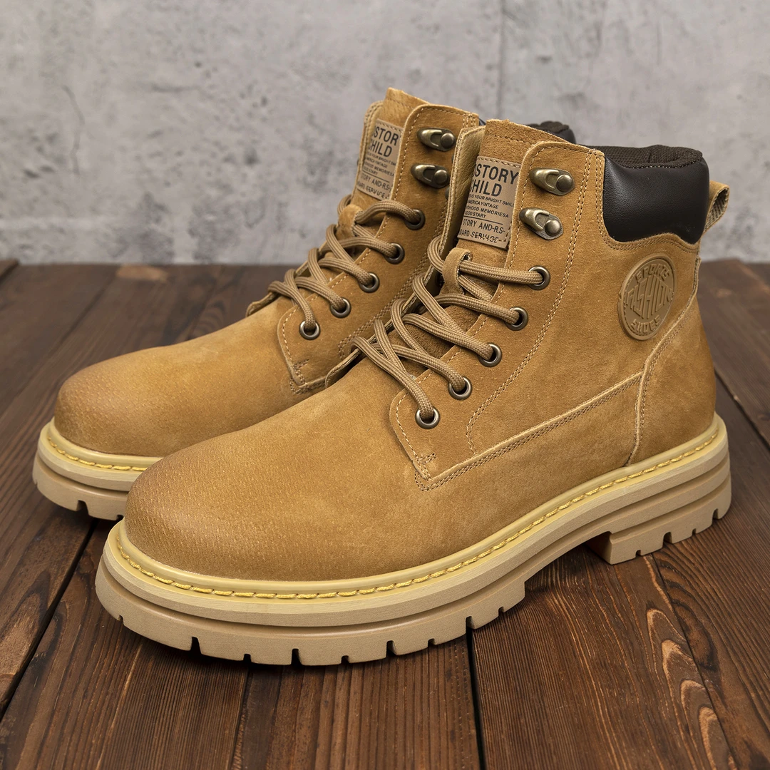 马丁靴男新款真皮大黄秋冬季英伦风中帮工装加绒棉鞋时尚男鞋