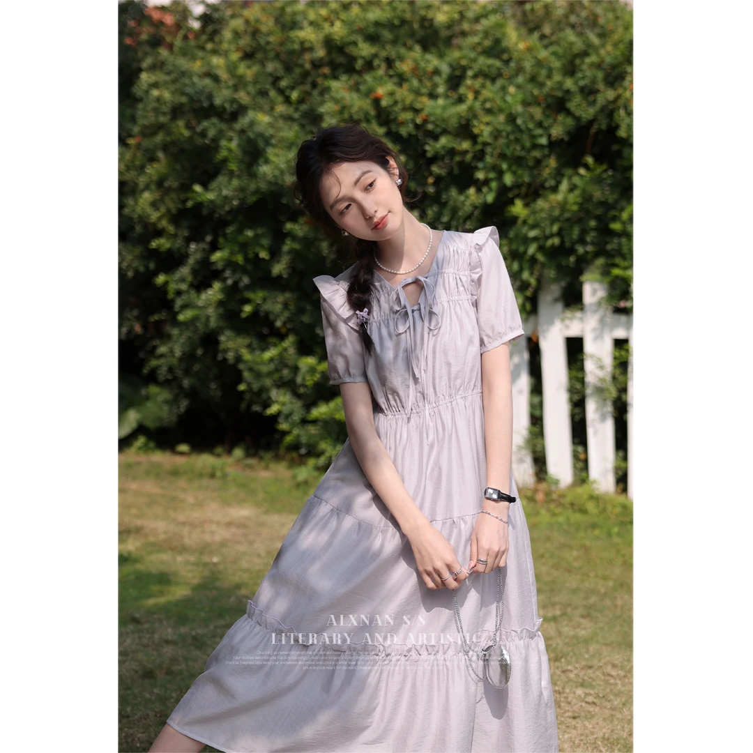 鹿向南-《温柔宇宙》-法式夏季短袖连衣裙气质高腰裙子女LXN29270