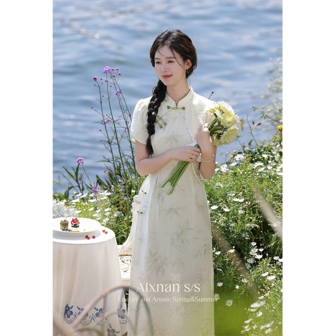 鹿向南「皎月竹新」新中式改良旗袍连衣裙女夏新款气质裙子L36703