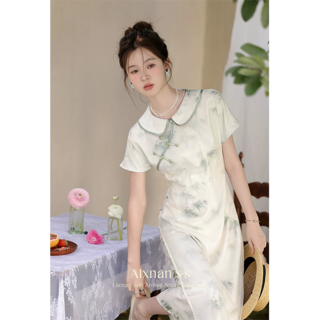 鹿向南「粉丝福利」新中式女装连衣裙新款女夏薄荷绿旗袍裙子L33839