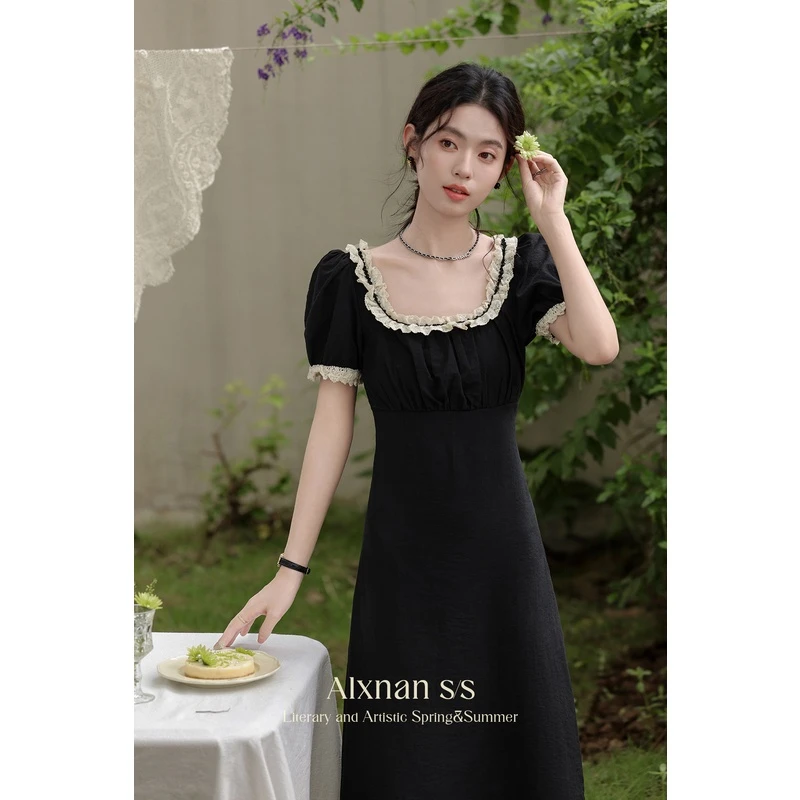 Q鹿向南原创「黑夜涟漪」赫本风气质法式黑色连衣裙L37970