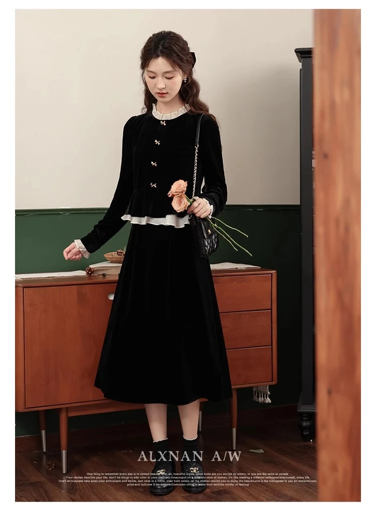 【达人】鹿向南《怦然心动》木耳边假两件小香风赫本连衣裙L33017