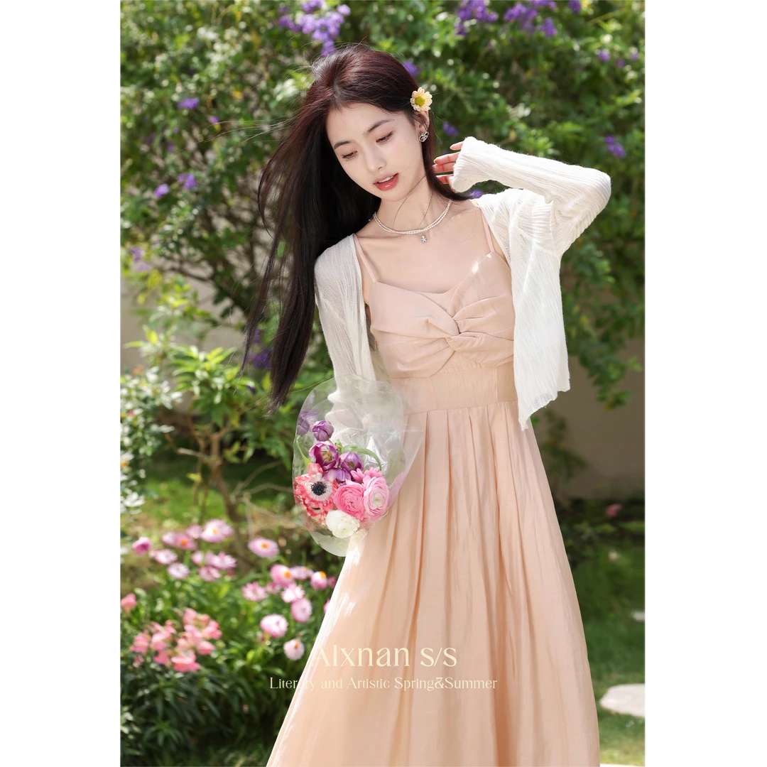 Q鹿向南「半岛甜茶」温柔气质连衣裙女夏季法式吊带裙两件套L35302