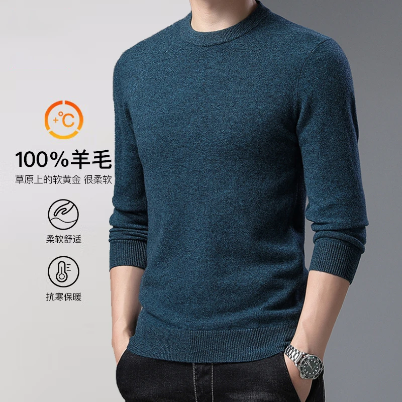 100%绵羊毛圆领针织毛衣男新款秋冬装针织保暖上衣打底羊毛衫男