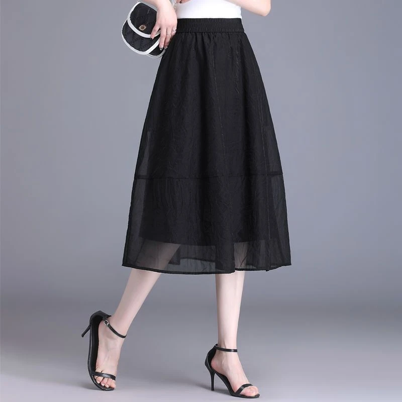 暮云纱半身裙 高腰显瘦A字裙中长款拼接裙春款气质减龄薄款洋气