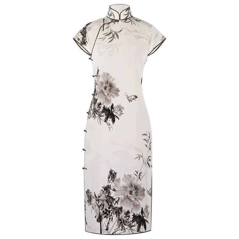 淡墨隐丨重磅复古民国风短袖立领一片式旗袍裙