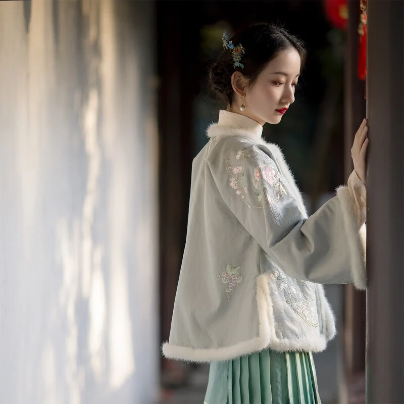 细花竺丨改良汉服清新绣花加厚夹棉袄中式对襟上衣短款