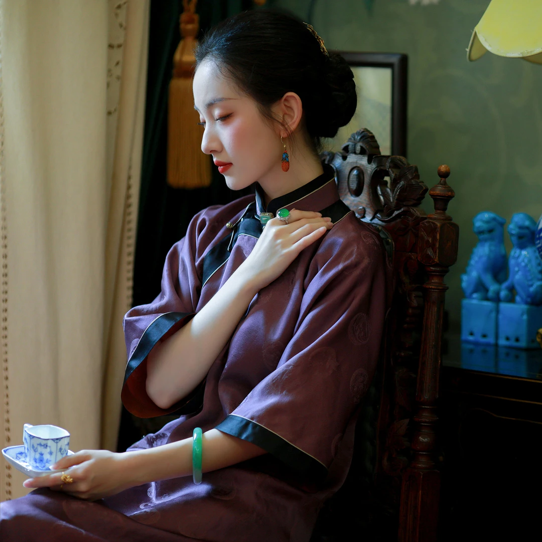 婉墨芳仪丨一城风絮丨春秋真丝红云纱民国风古法平裁旗袍优雅贵气