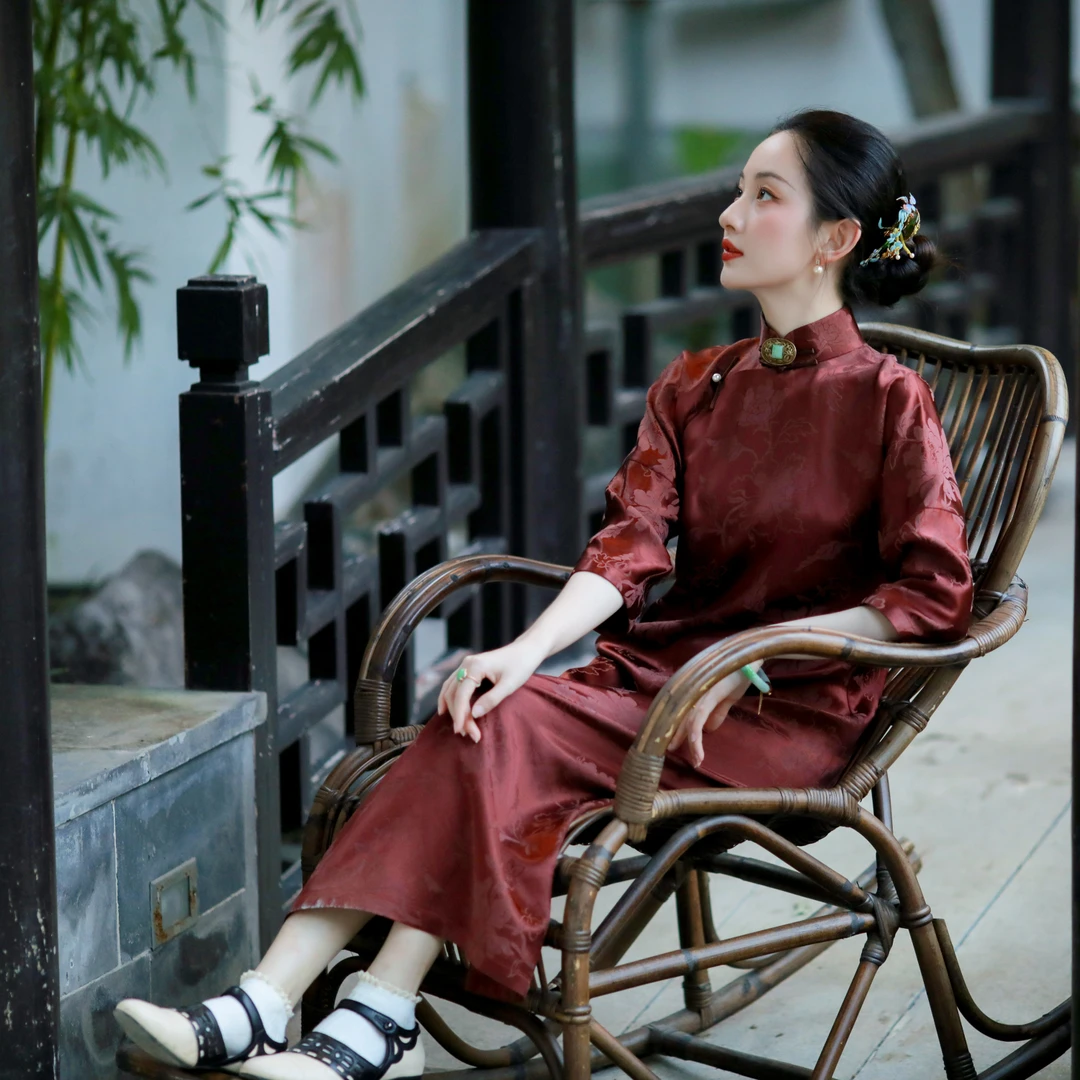 檀香兰芷丨一城风絮丨春秋提花缎复古民国风中式盘扣古法旗袍日常
