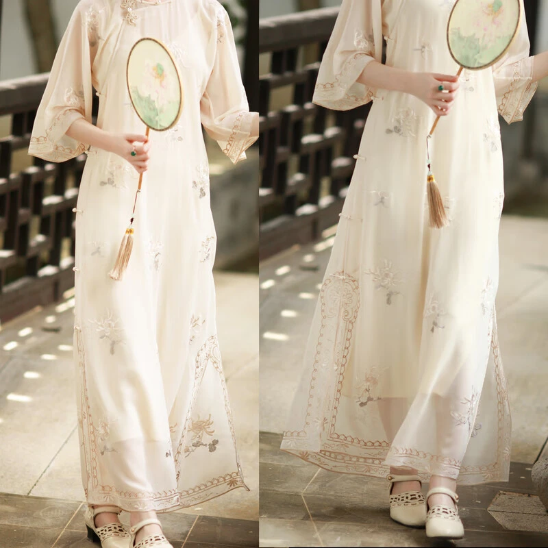 银蕊含秋丨夏款中式民国风倒大袖无领手工花扣氅衣旗袍