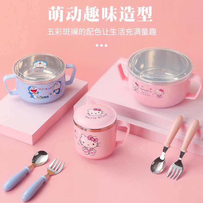 婴儿辅食碗家用防摔防烫碗儿童饭碗双耳柄带盖汤杯不锈钢学生汤碗