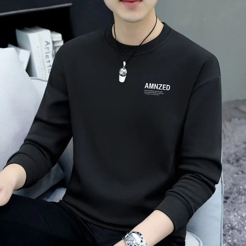 男士长袖圆领卫衣休闲加绒加厚保暖上衣百搭秋冬韩版男士打底衫