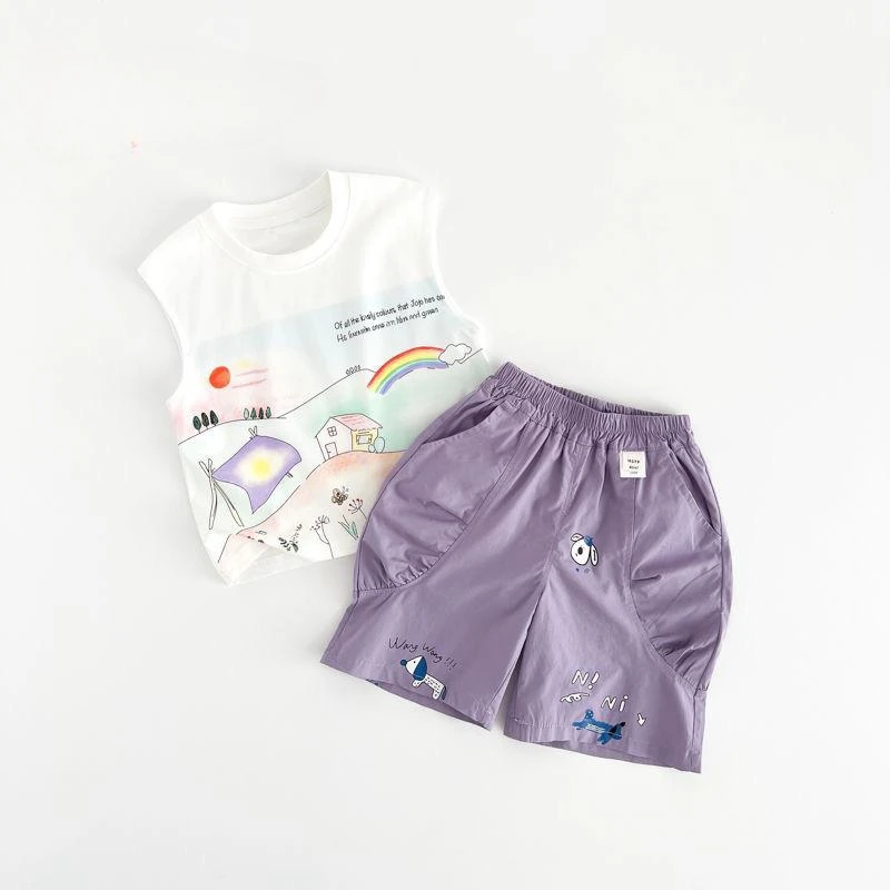 童话小镇~儿童夏季手绘风彩印无袖T恤男童薄款棉圆领背心宝宝潮