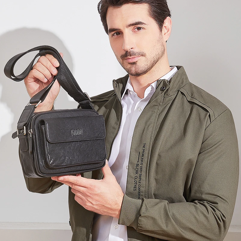 派保爵牛皮斜跨包复古质感真皮横款背包商务休闲单肩方形男包2118