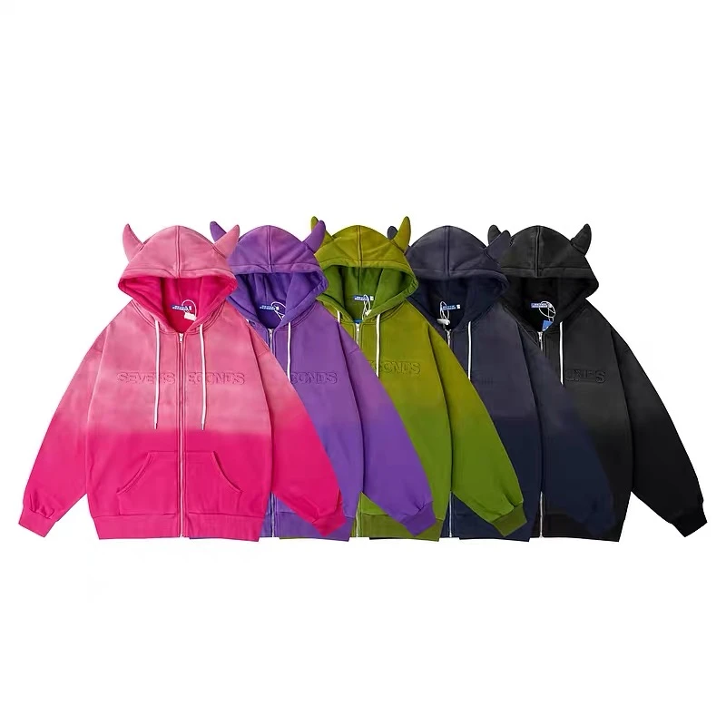 洗水渐变怪兽拉链连帽卫衣外套男女同款