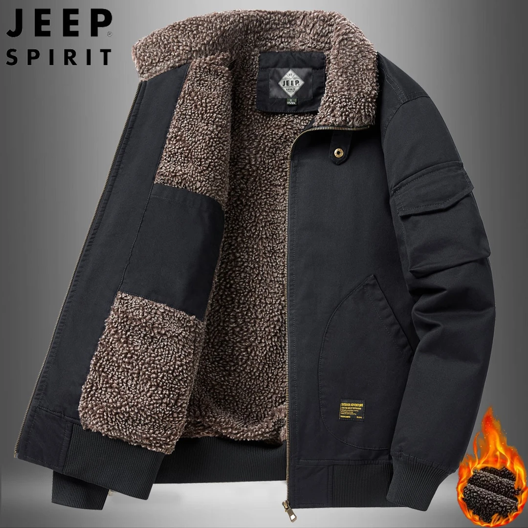 jeep吉普加绒夹克男士冬季羊羔绒加厚保暖棉衣飞行工装棉服外套男