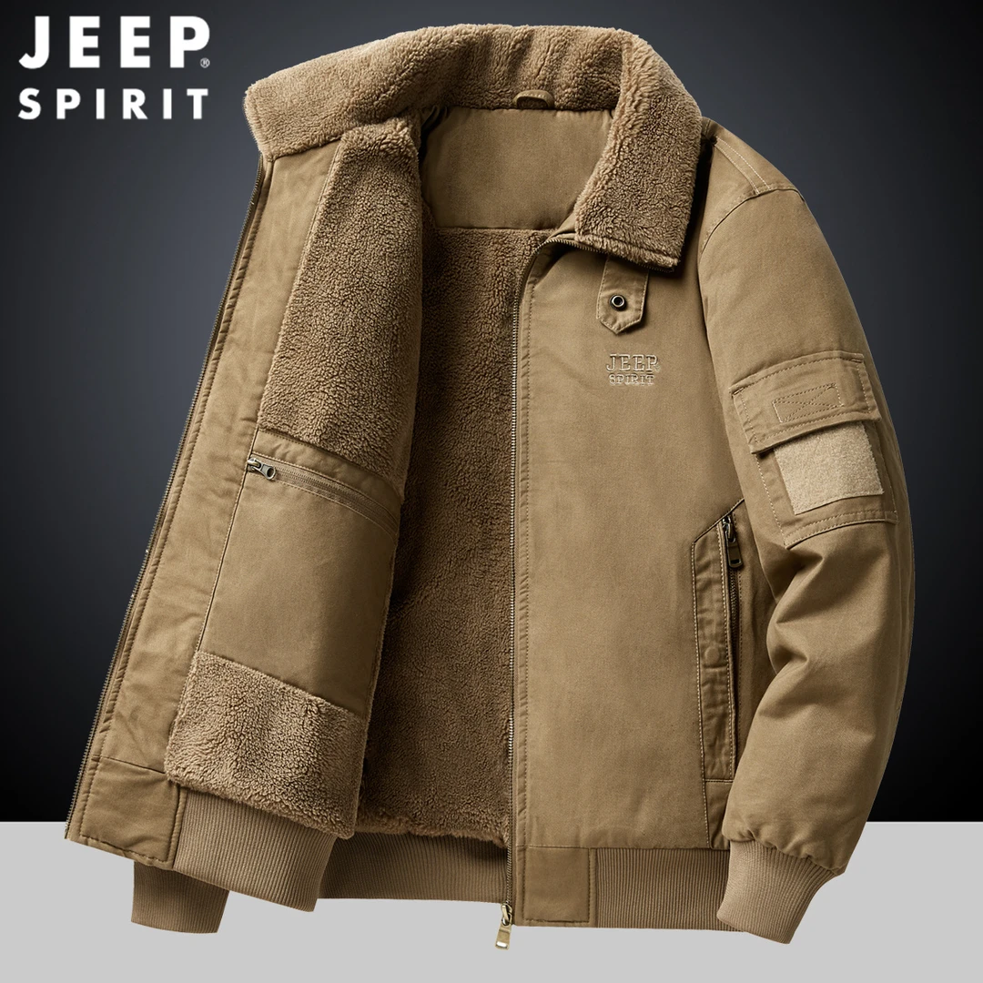 jeep吉普男士外套飞行员夹克冬季棉服加绒加厚羊羔绒保暖棉衣男款