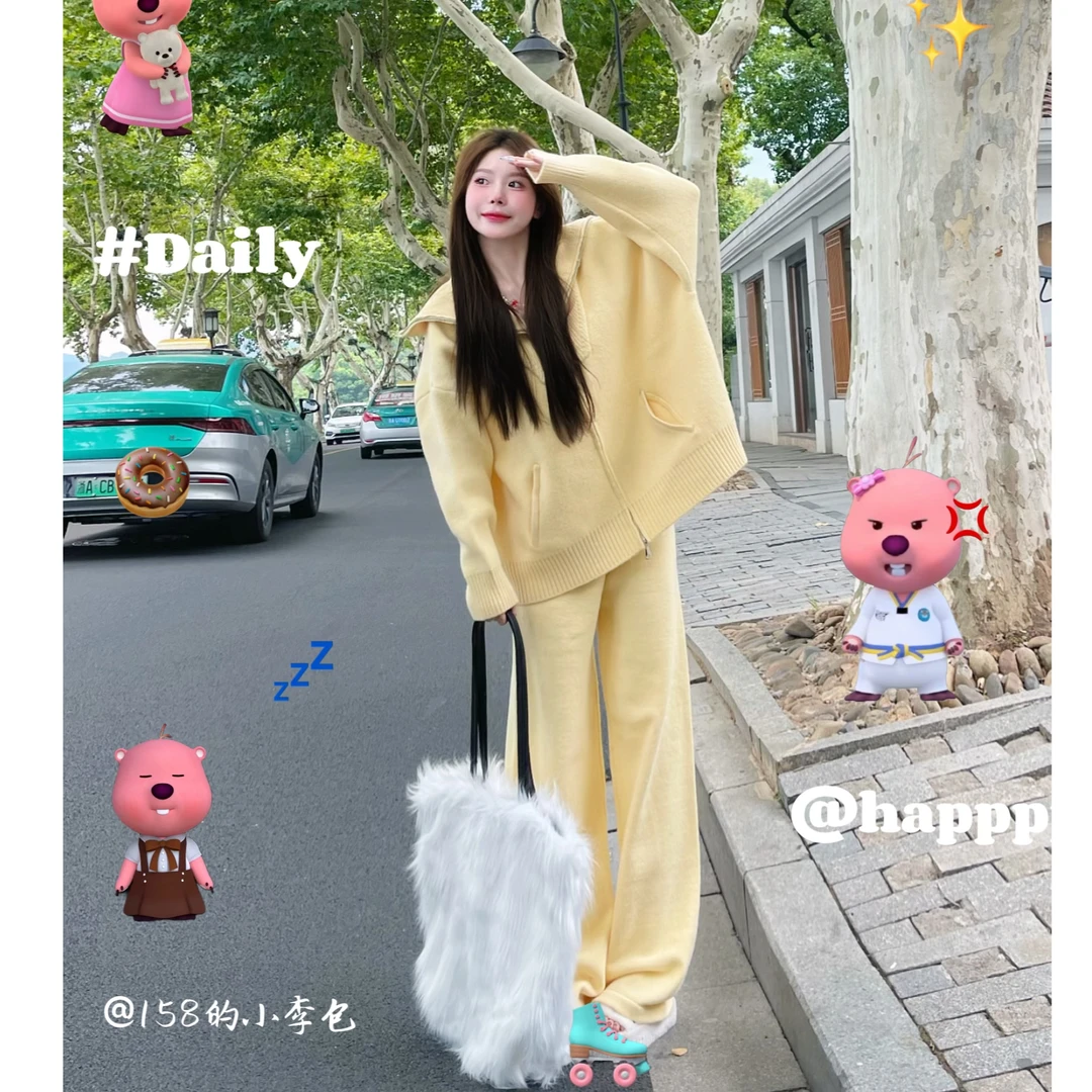 现现【温柔预报】针织套装秋季女装宽松慵懒休闲小个子毛衣两件套