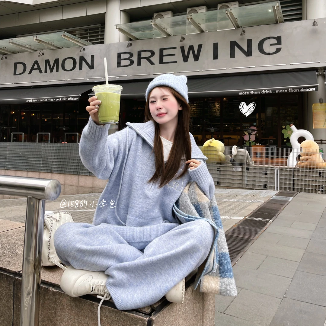 现现【周末假期】慵懒针织套装冬季韩版宽松百搭毛衣两件套加厚