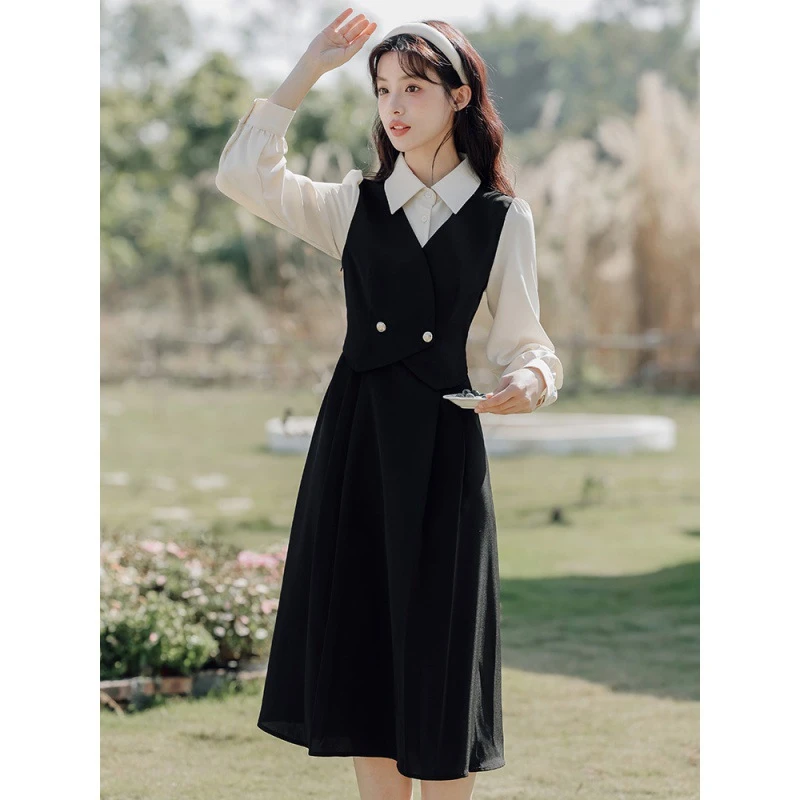女装连衣裙黑色春季假两件甜美学院拼色显瘦连衣裙教资面试长裙子