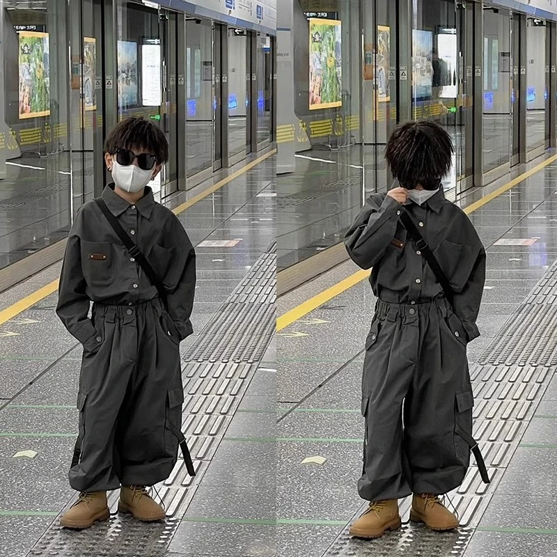 男童秋装痞帅百搭衬衫套装2024新款中大童春秋复古潮流装两件套