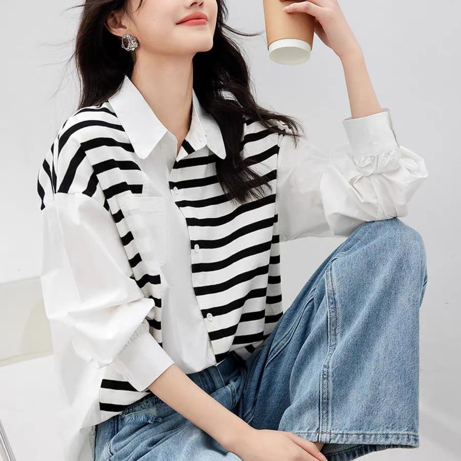 2025春新款衬衫女黑白撞色条纹拼接宽松显瘦上衣通勤百搭叠穿衬衣