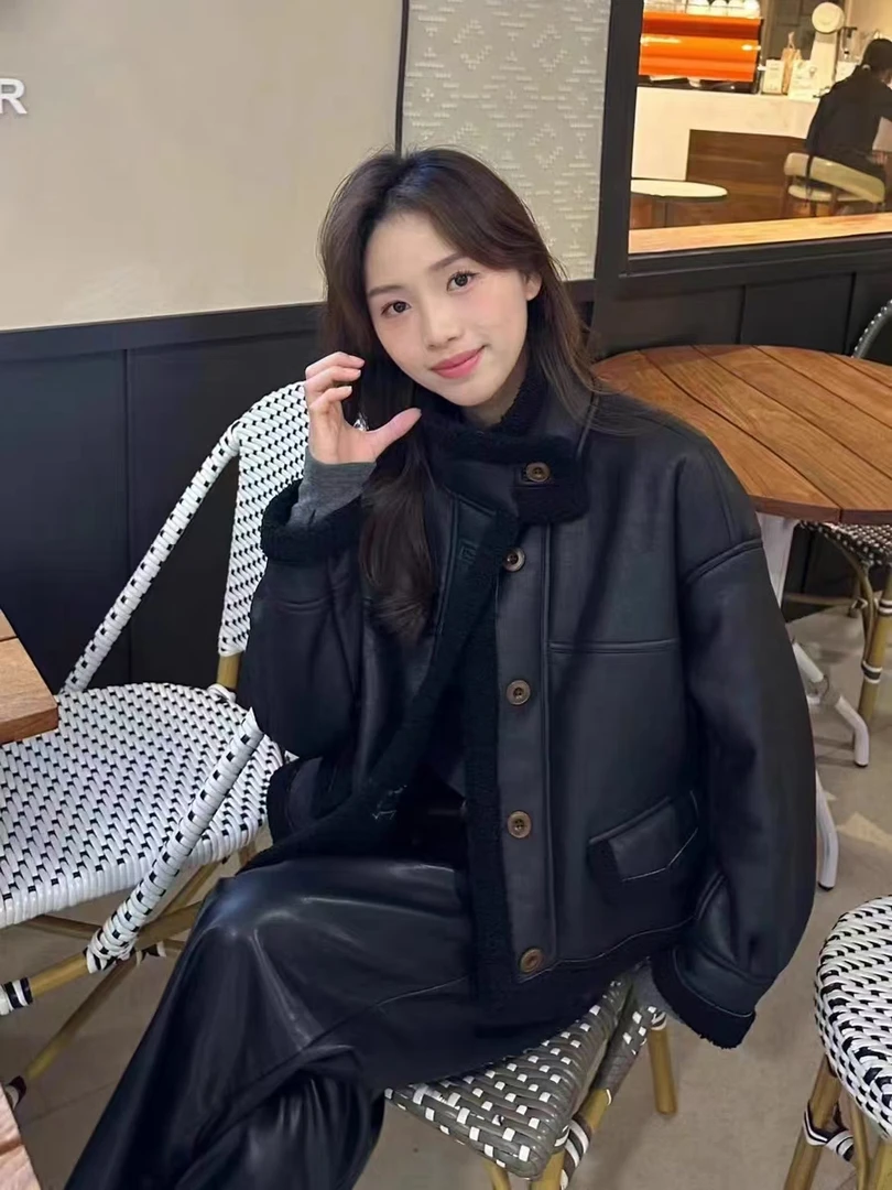 美拉德皮毛一体时尚毛毛外套女洋气加厚复古立领短款机车服潮秋季