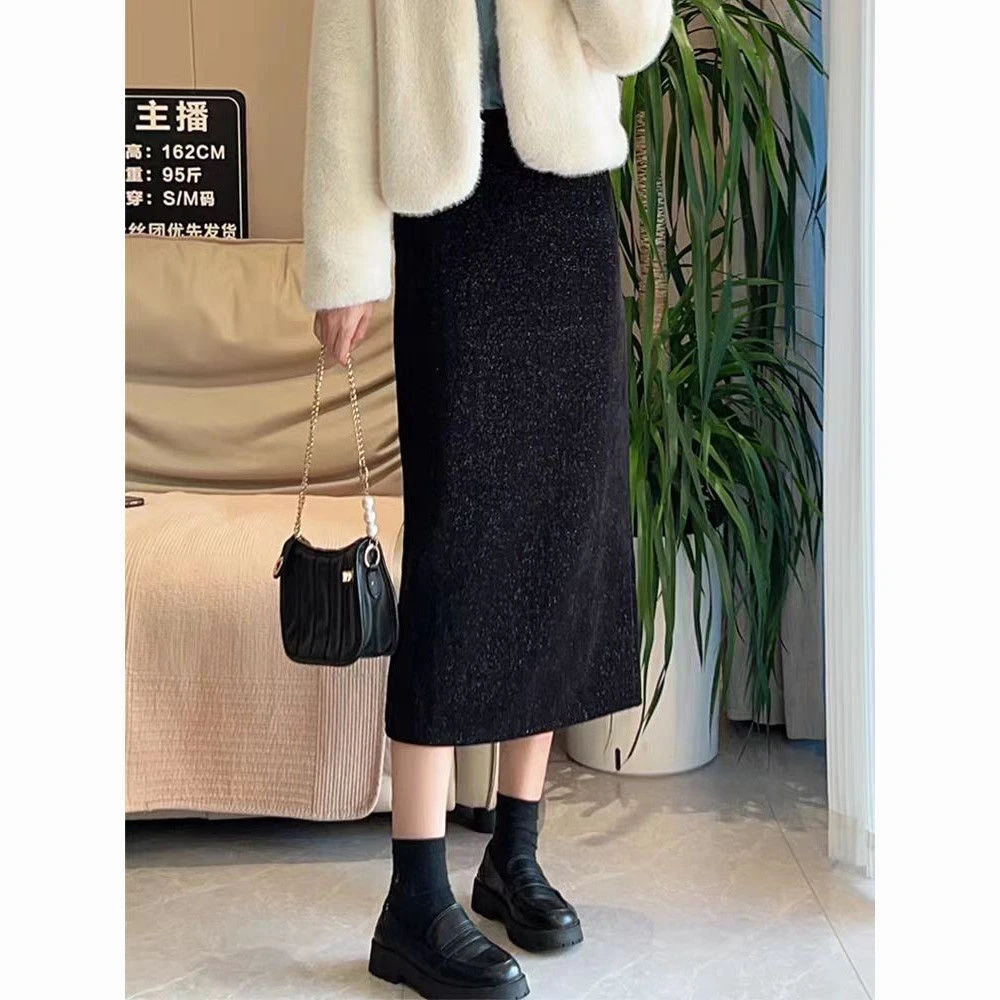 [璀璨星河]时尚高腰藏肉韩版亮丝气质开叉中长小香风过膝半身裙