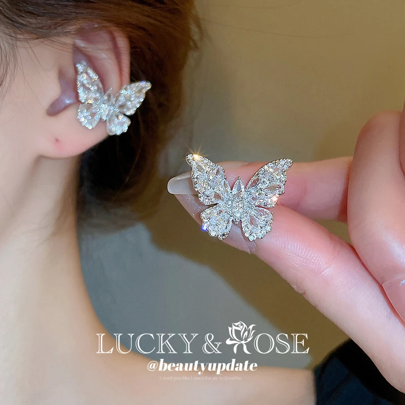 合金合成锆石耳饰 Lucky&Rose轻奢 无耳洞蝴蝶锆石耳骨夹小众设计