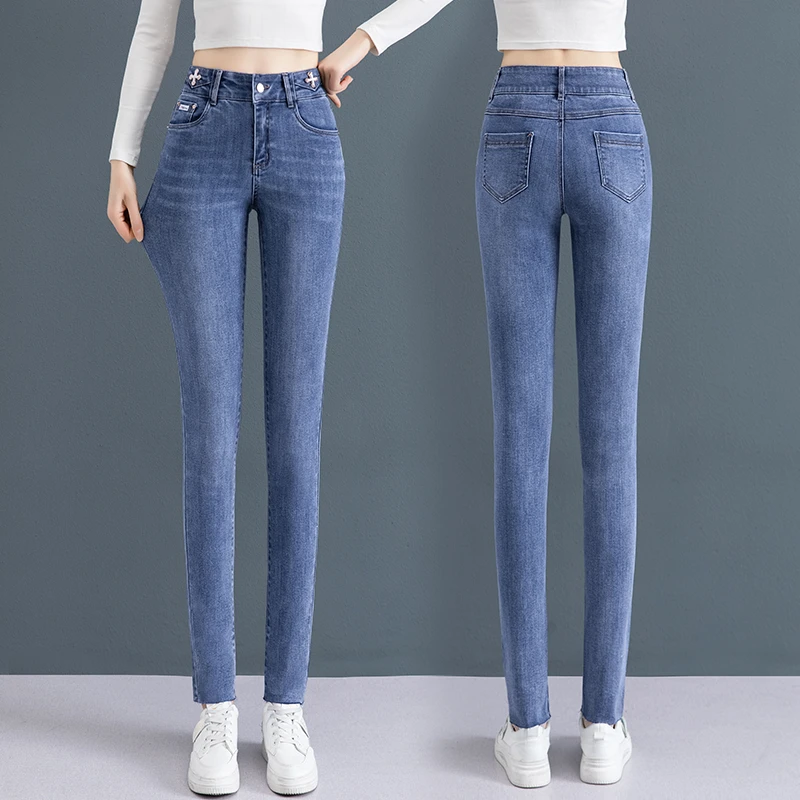蓝色铅笔牛仔裤女春秋2024年新款紧身修身显瘦直筒小脚裤子百搭潮