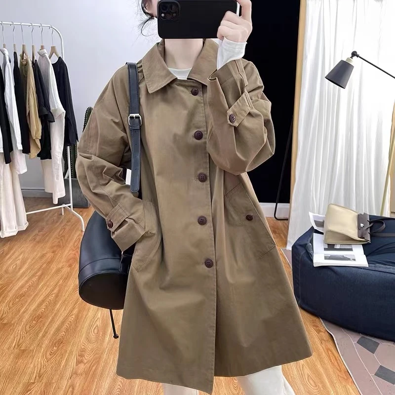 春季纯棉宽松风衣女式中长款外套2024新款元宝领减龄上衣百搭夹克