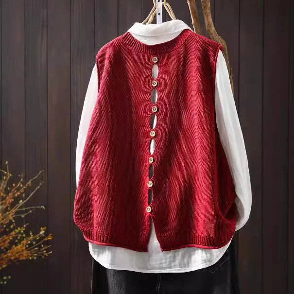秋季新款 后背纽扣棉线针织马甲背心女宽松休闲无袖叠穿坎肩055