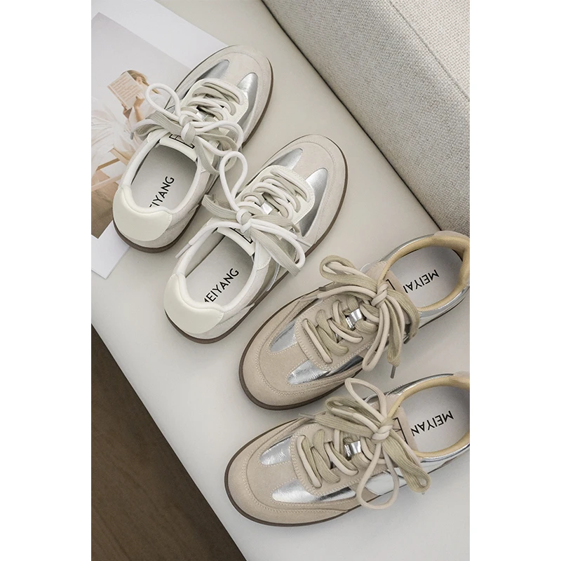 美洋MEIYANG 银魂德训鞋 真皮拼接银镜休闲阿甘鞋