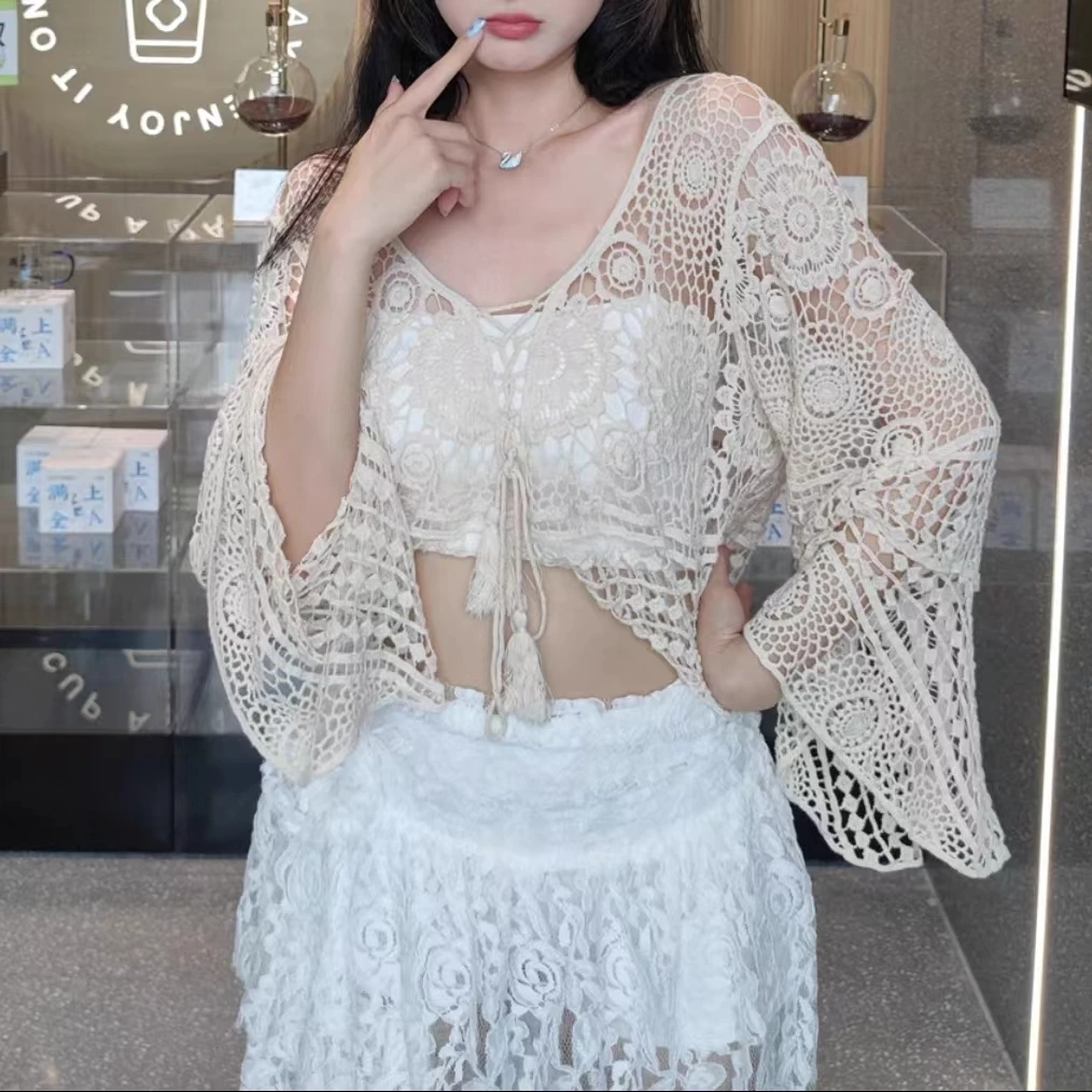 网红抽绳镂空针织衫女春夏新款海边度假洋气时髦短款防晒披肩上衣