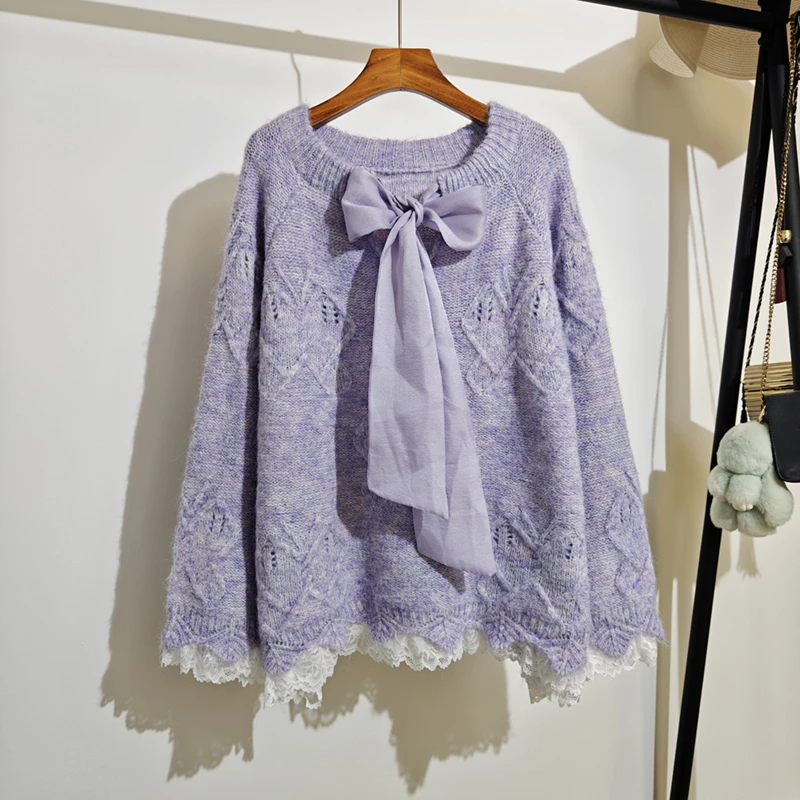 紫色毛衣女蝴蝶结秋冬新款宽松慵懒风甜美蕾丝披肩针织衫上衣外穿