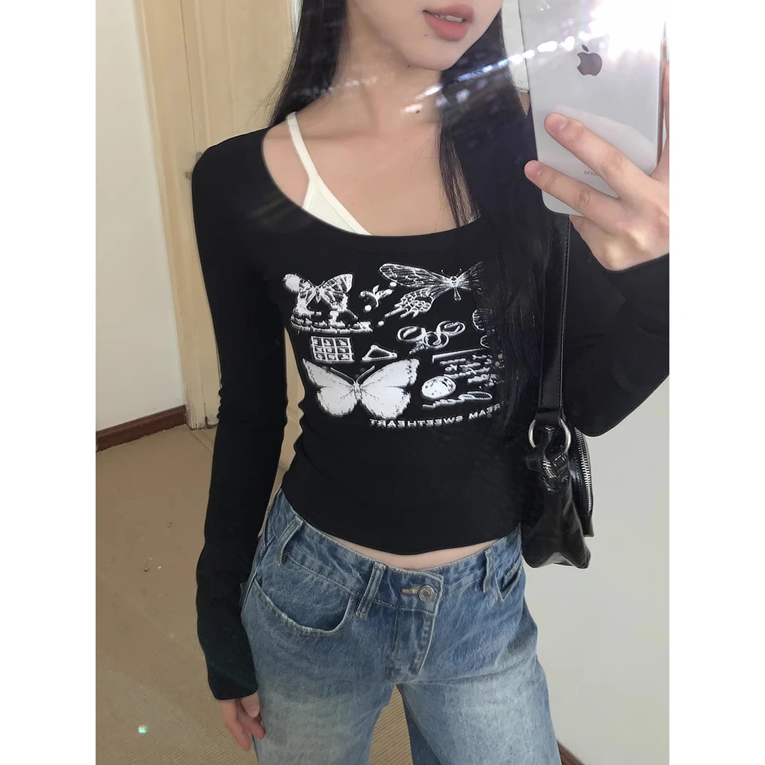 【小精灵上衣】早春新款美式复古假两件辣妹修身长袖T恤241M0256#